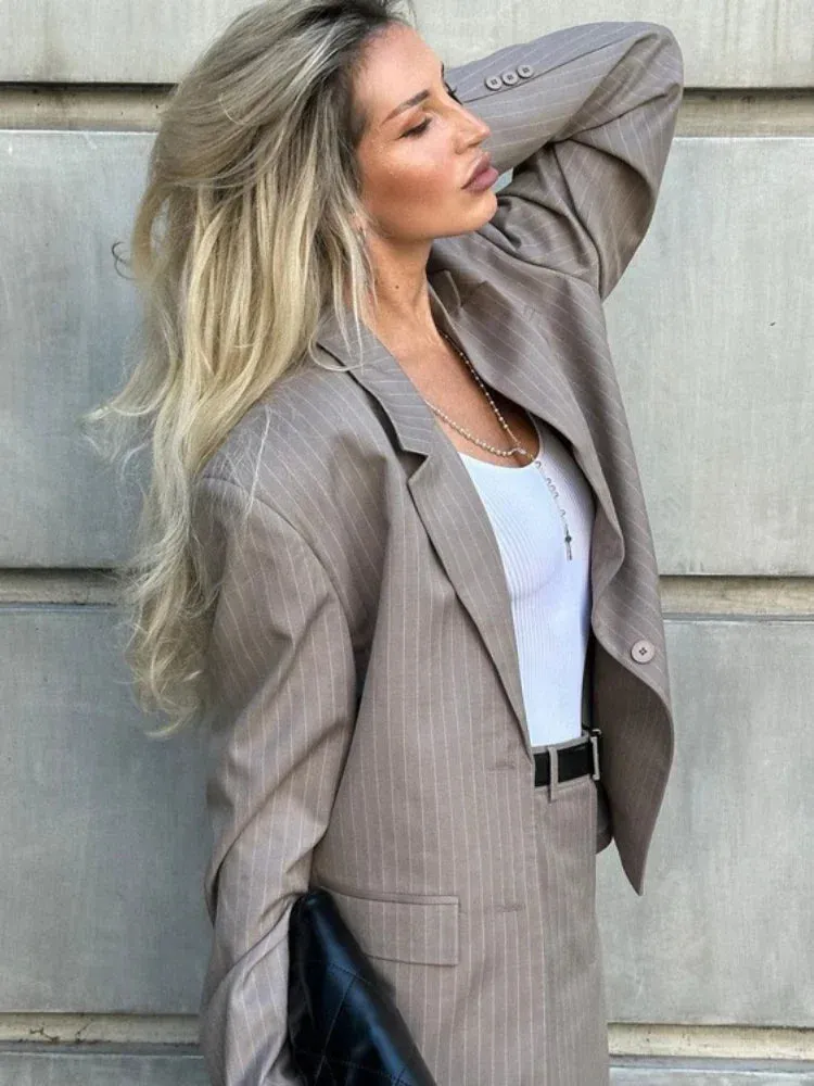 ADVBRIDGE  Oversized Blazer Suits For Women Loose Slit High Waist Skirts Femme New Street Casual Blazers 2 Piece Sets Womens Outfits