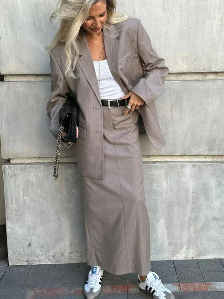 ADVBRIDGE  Oversized Blazer Suits For Women Loose Slit High Waist Skirts Femme New Street Casual Blazers 2 Piece Sets Womens Outfits