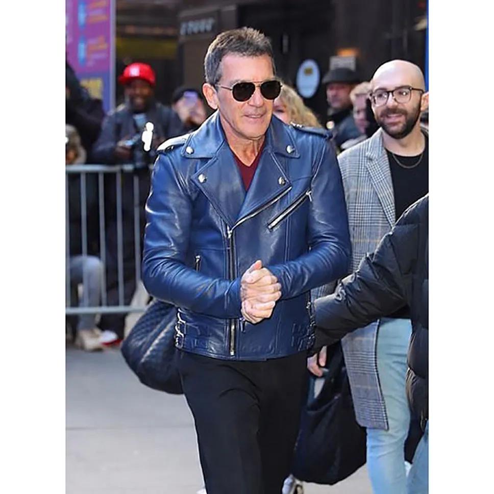 Antonio Banderas Real Leather Biker Jacket Blue