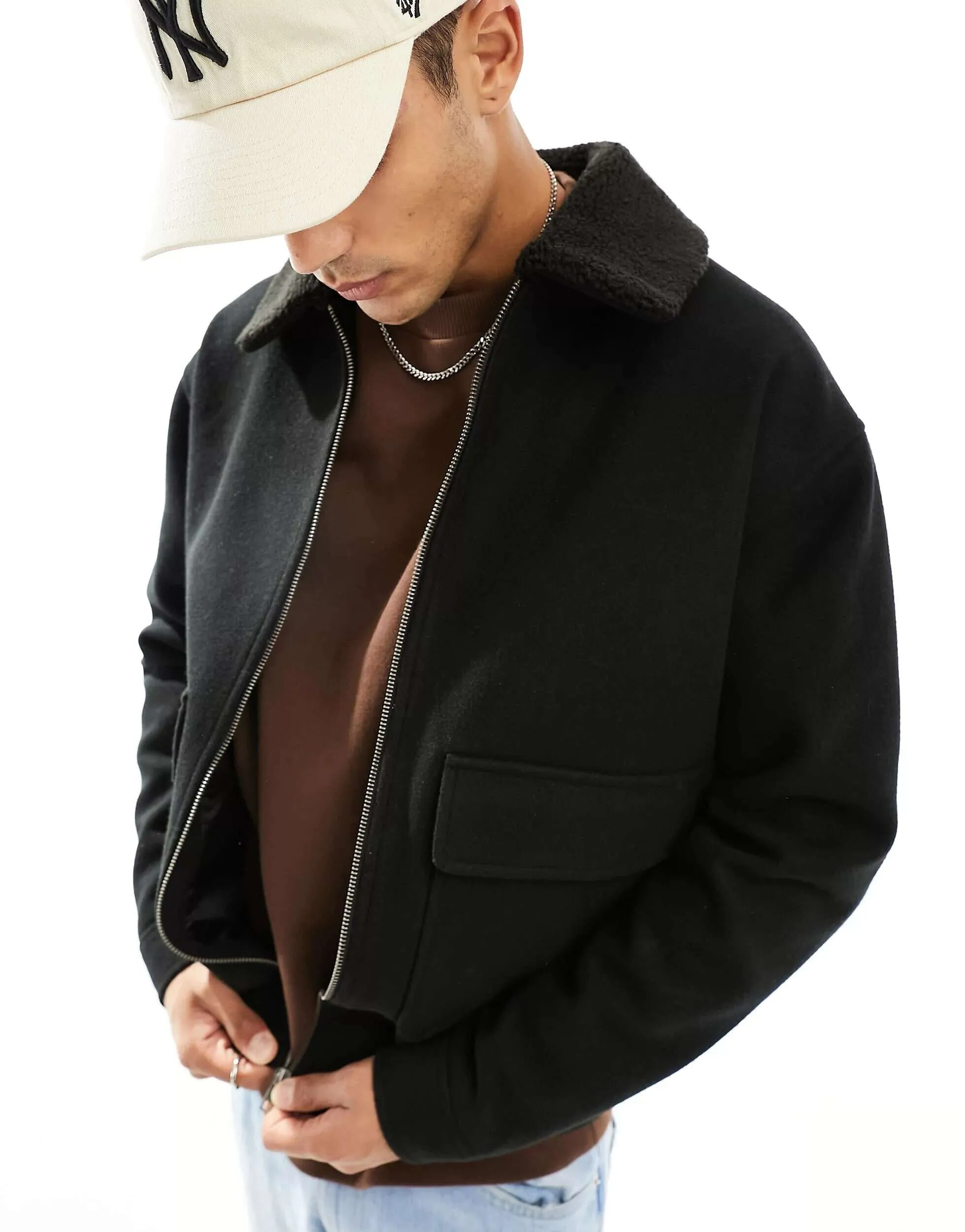 ASOS Oversized Wool Bomber Jacket With Borg Collar In Black