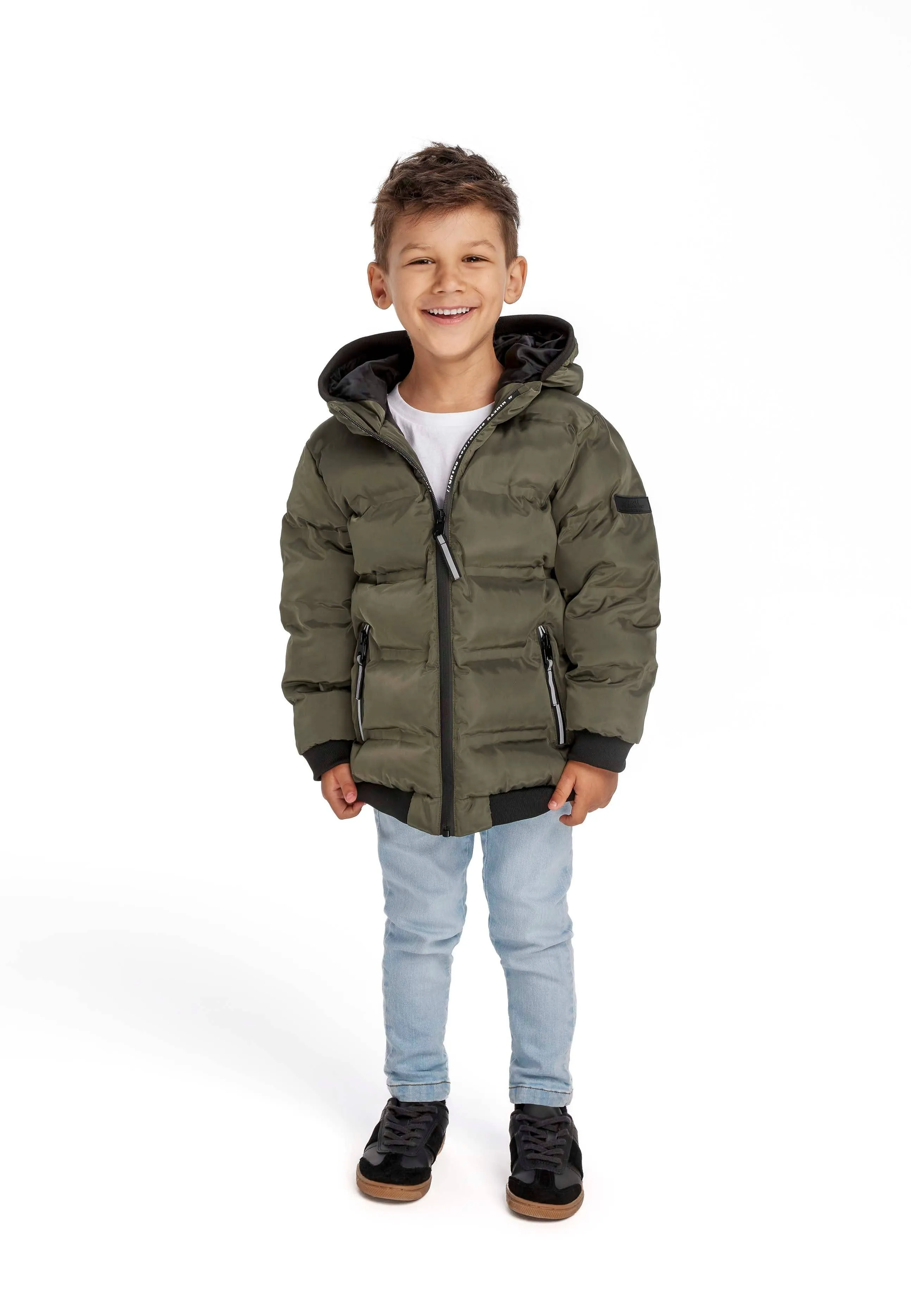 Boys Padded Jacket With Hood And Two Way Zip Bottle Green *In Store Now