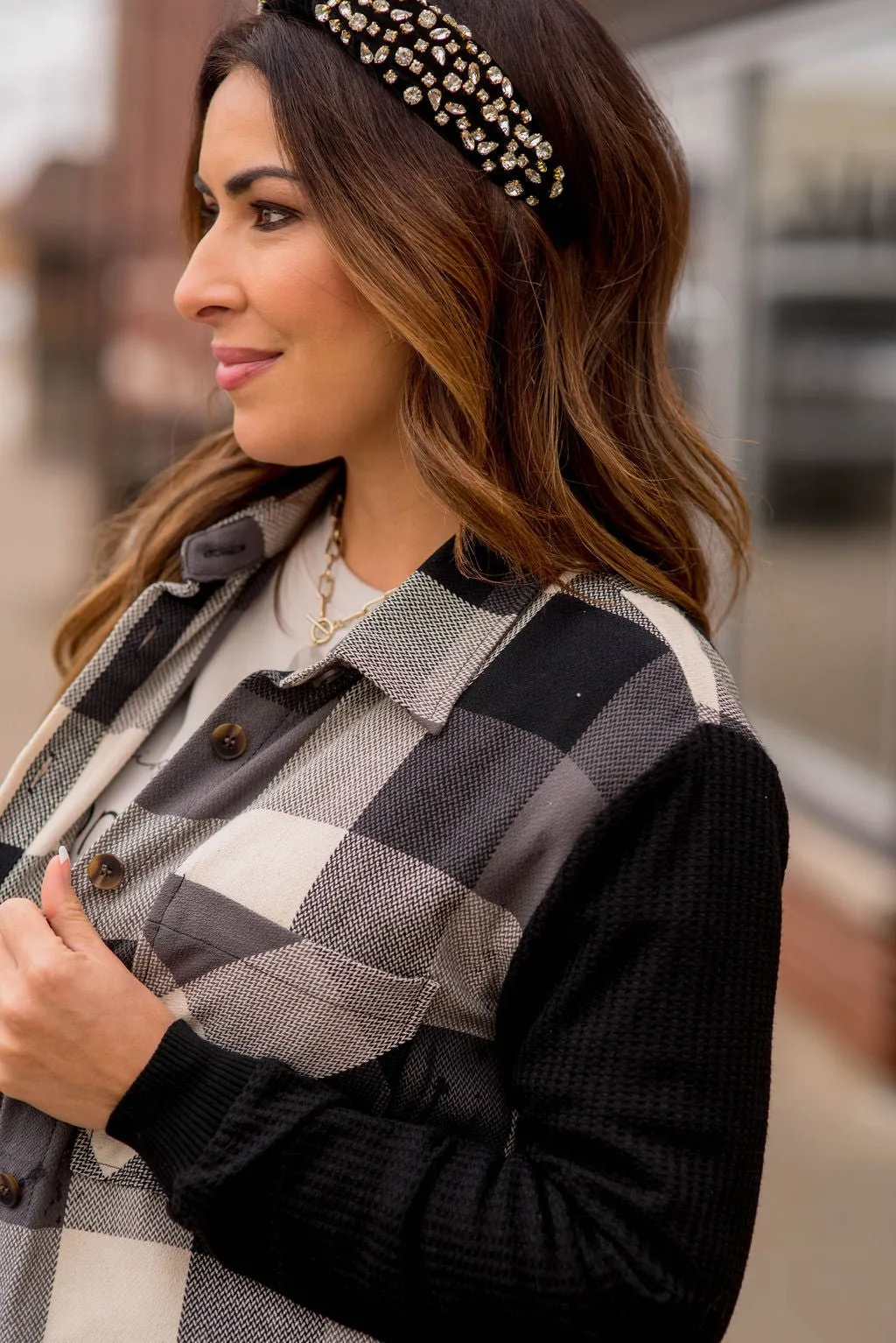 Buffalo Plaid Waffle Sleeve Shacket