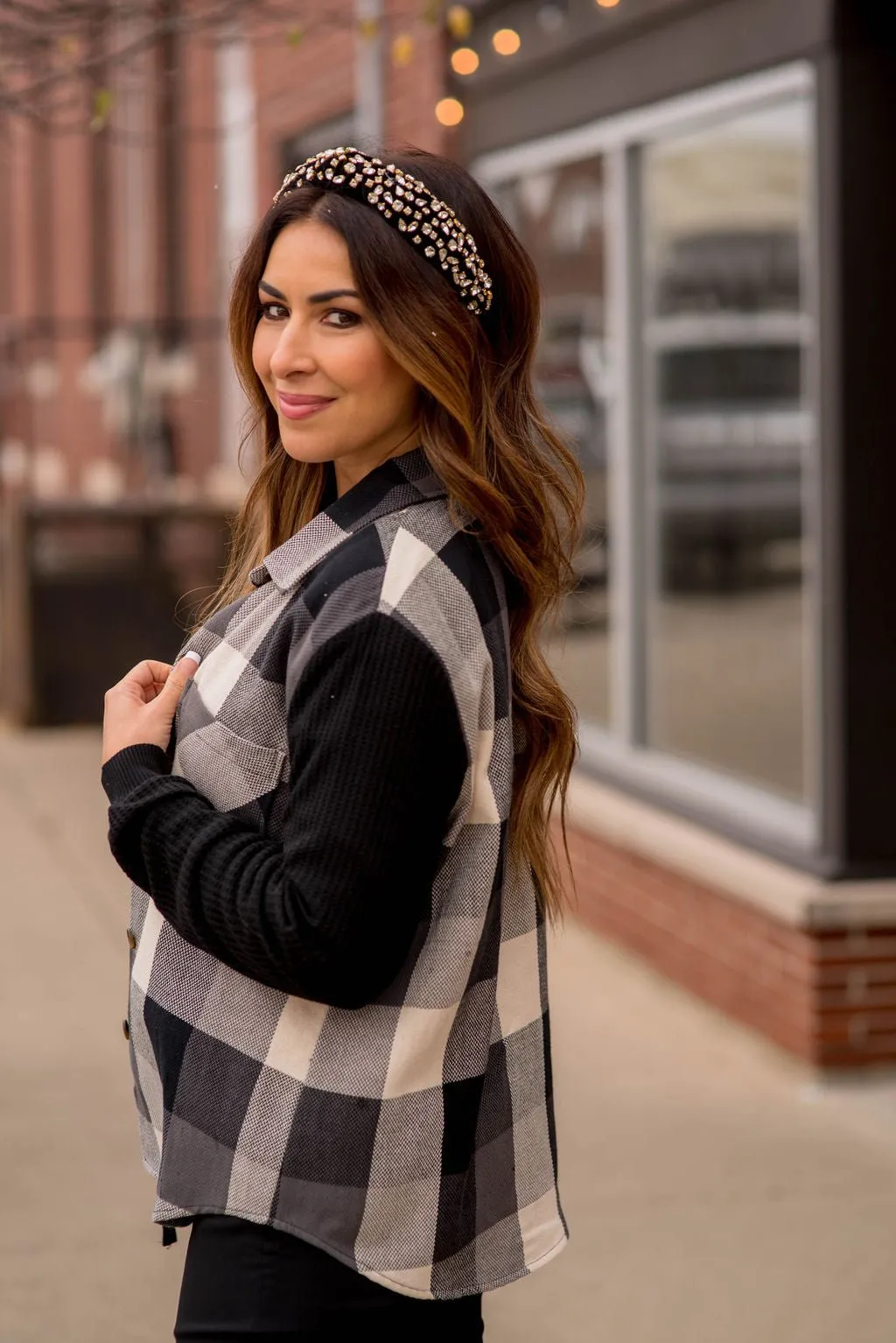 Buffalo Plaid Waffle Sleeve Shacket