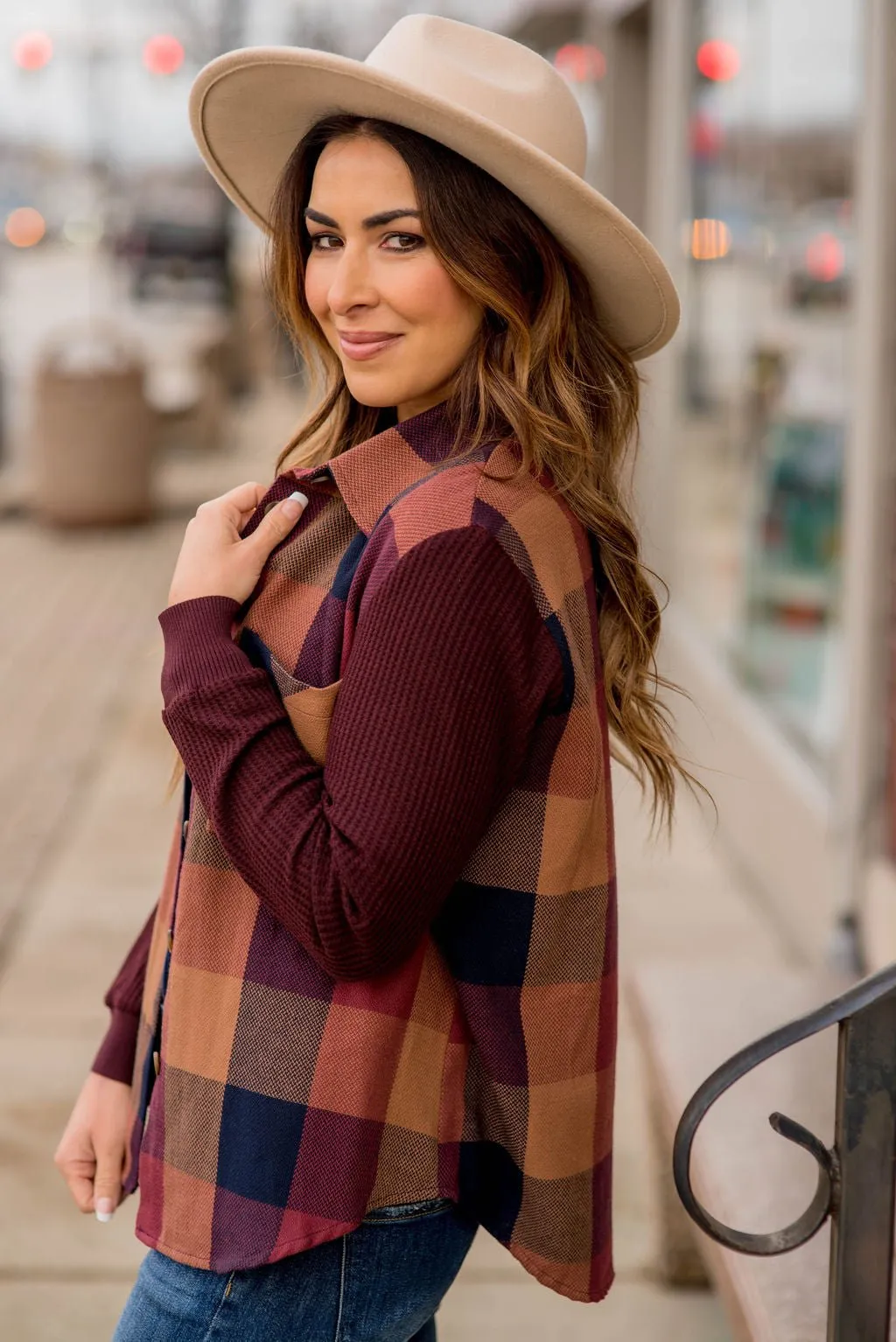 Buffalo Plaid Waffle Sleeve Shacket