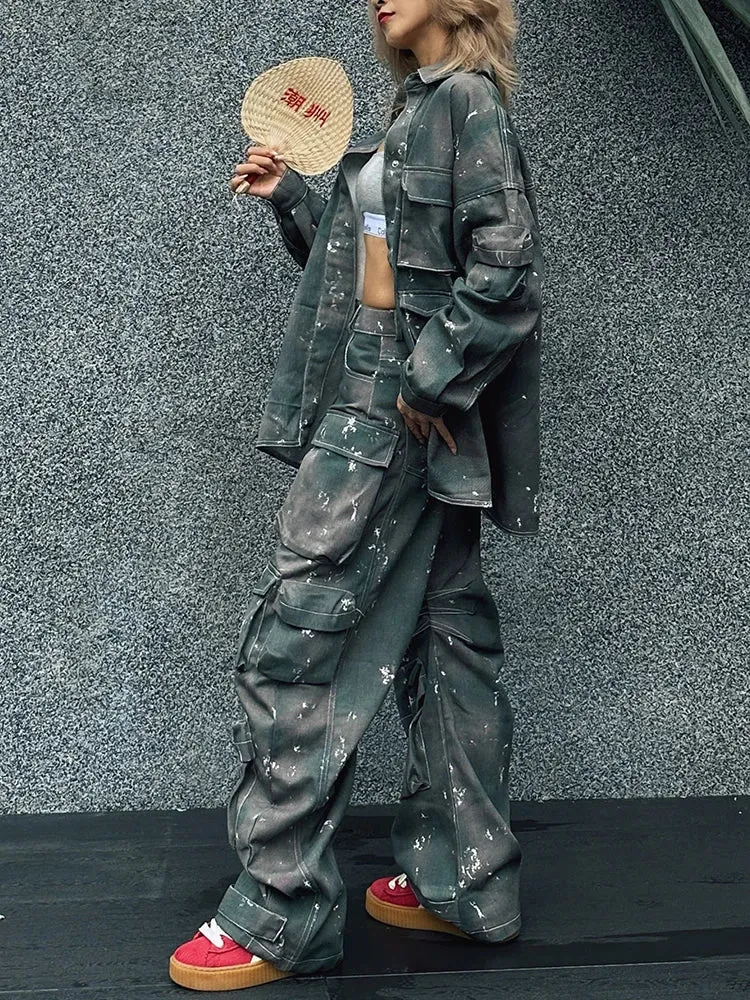 Camouflage Casual Two Piece Set For Women Lapel Long Sleeve Spliced Button Jackets High Waist Cargo Pants Loose Sets Female