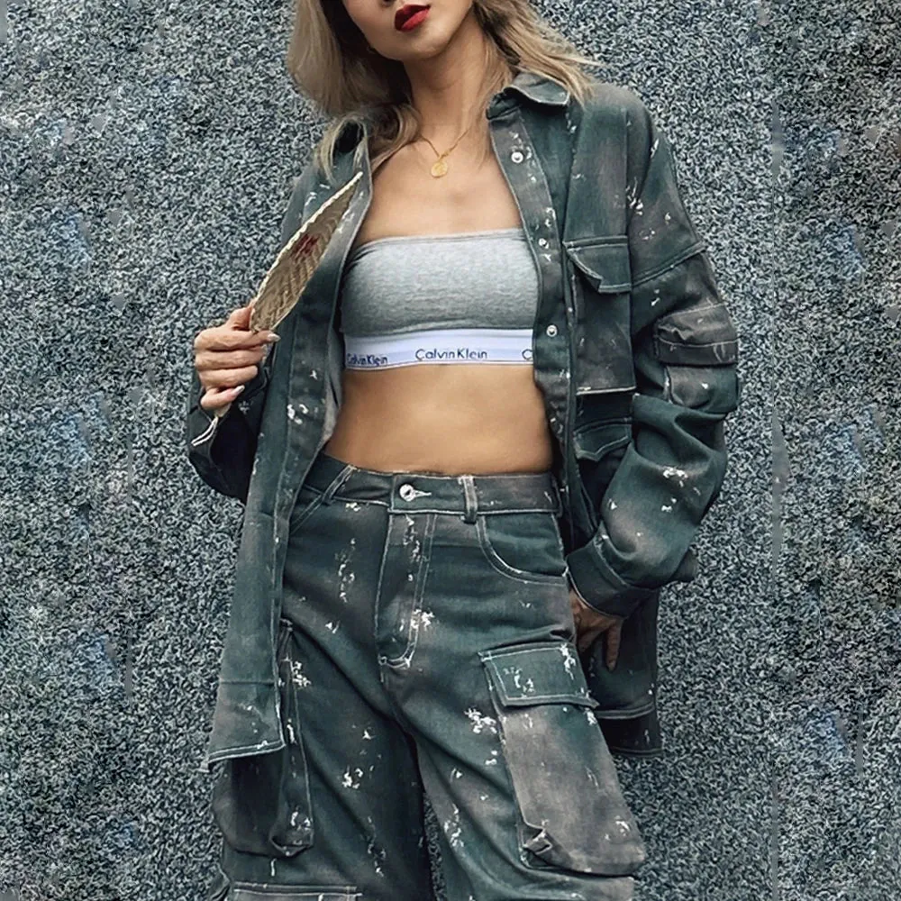 Camouflage Casual Two Piece Set For Women Lapel Long Sleeve Spliced Button Jackets High Waist Cargo Pants Loose Sets Female