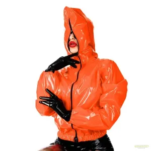 Casual Faux Leather PVC Hoodie Jacket Maramalive's Punk Style Long Sleeve Top for College Fashion Outwears in Rubber Size