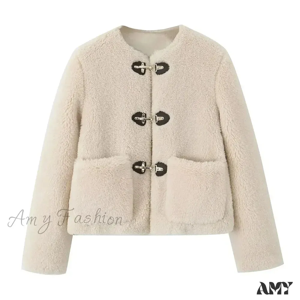 Casual Long Sleeves Single-Breasted Warm Fleece Winter Street Chic Loose Pocket Coat