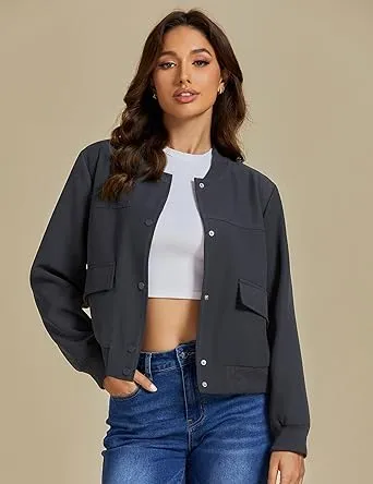 Charcoal Women's Casual Fully Buttoned Jackets Baseball Collar Front Pocket Moderate Fit Slight Stretch.