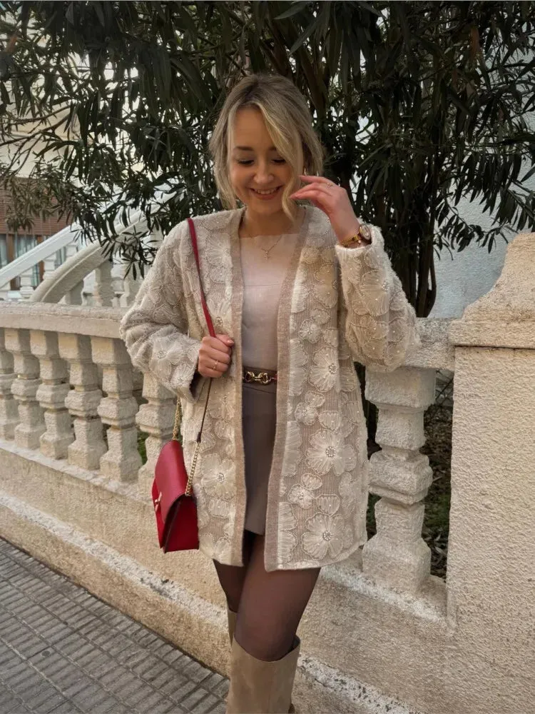 Chic Lace Floral Open Stitch Coats Fashion Solid V Neck Long Sleeve Cardigan 2023 Autumn Winter Women Versatile Outerwear