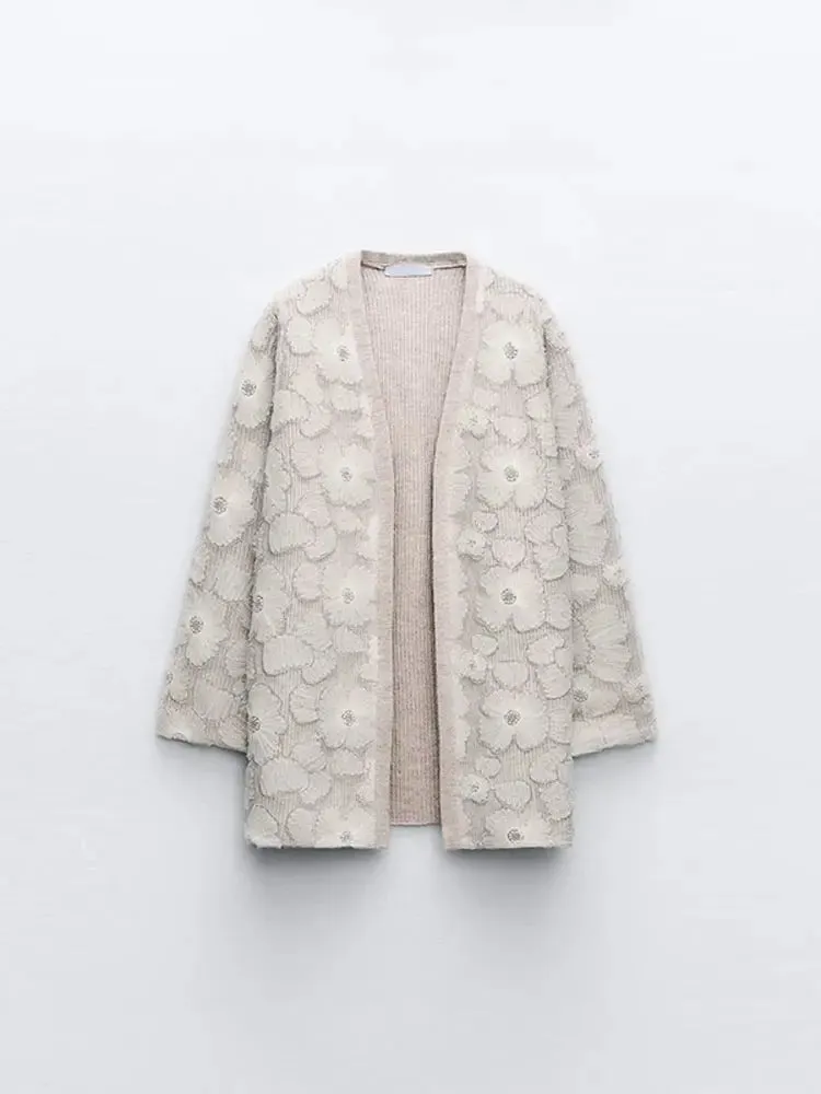 Chic Lace Floral Open Stitch Coats Fashion Solid V Neck Long Sleeve Cardigan 2023 Autumn Winter Women Versatile Outerwear