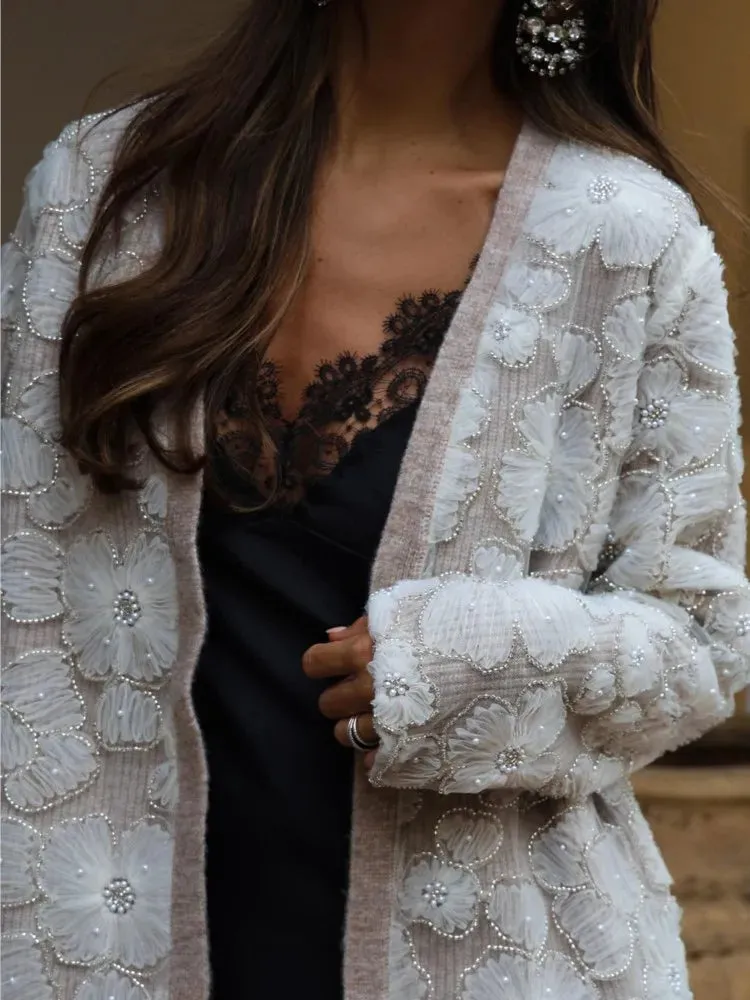 Chic Lace Floral Open Stitch Coats Fashion Solid V Neck Long Sleeve Cardigan 2023 Autumn Winter Women Versatile Outerwear