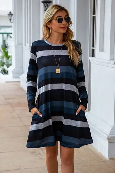 Clarissa Striped Round Neck Long Sleeve Dress | 4 Colors