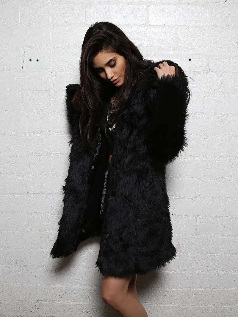 Classic Women's Faux Fur Coat | Black Wolf