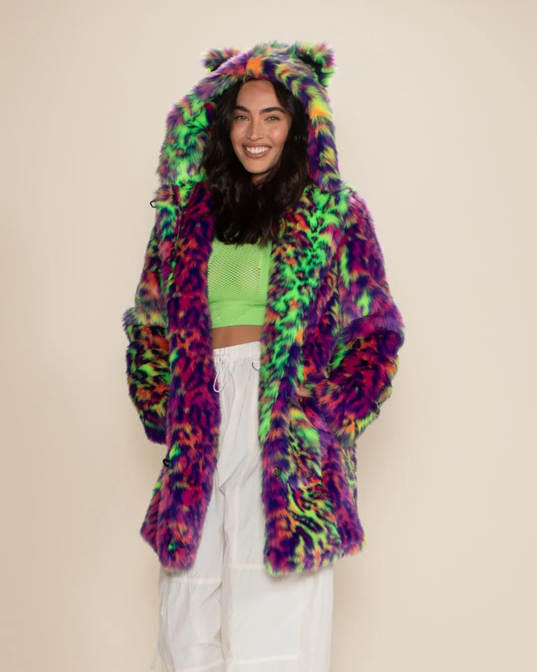 Classic Women's Faux Fur Coat | Neon Disco Kitty