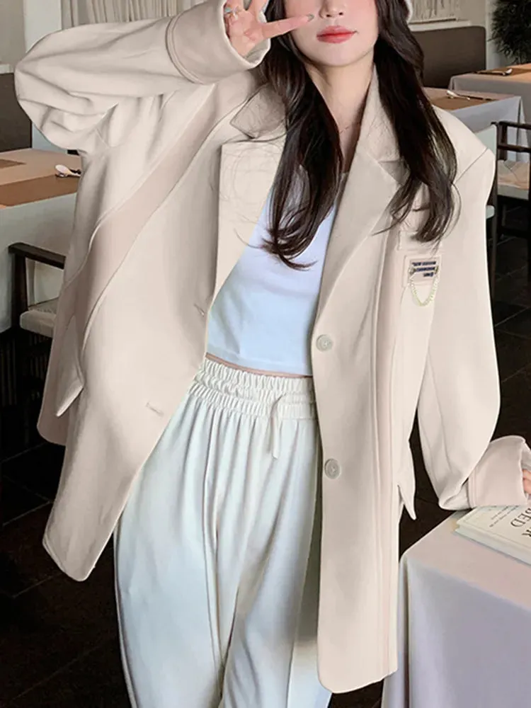 Colorblock Loose Casual Blazers For Women Notched Collar Long Sleeve Patchwork Button Temperament Blazer Female