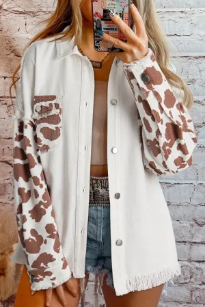 Distressed Cow Print Long Denim Jacket