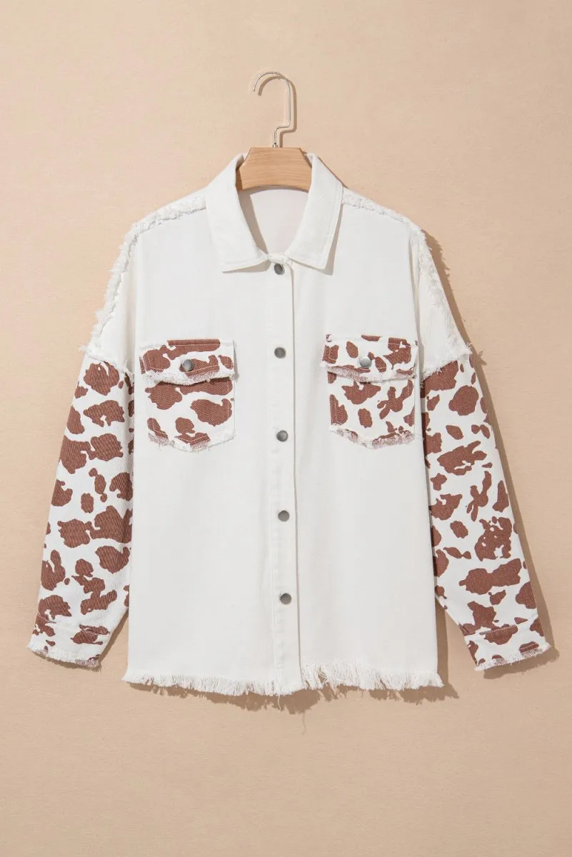 Distressed Cow Print Long Denim Jacket