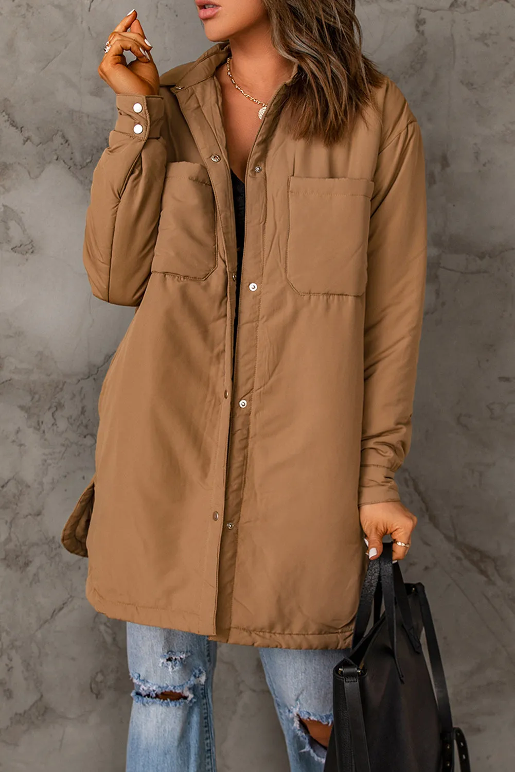 Double Take Snap Down Side Slit Jacket with Pockets