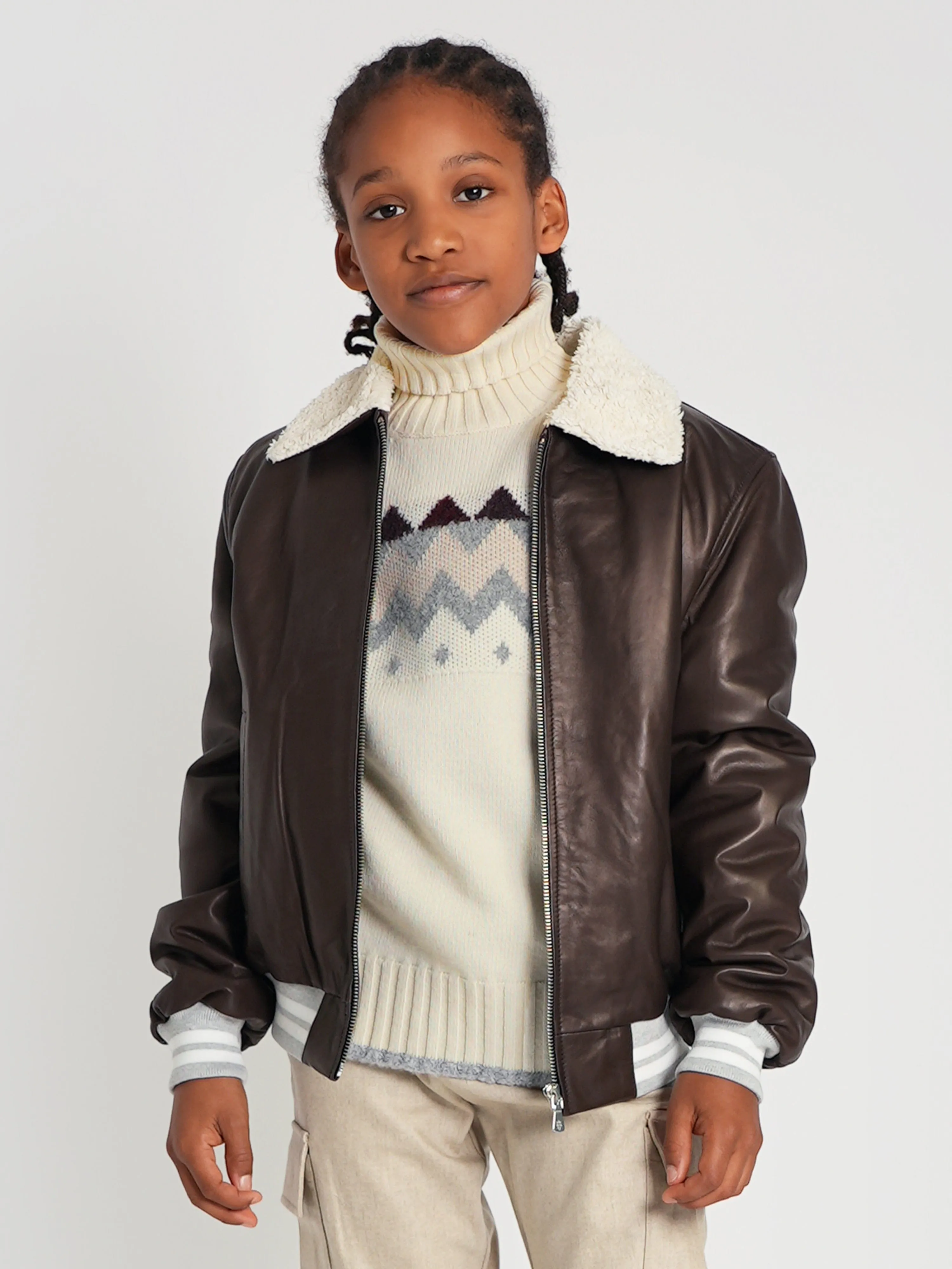 Eleventy Boys Leather Aviator Jacket in Brown