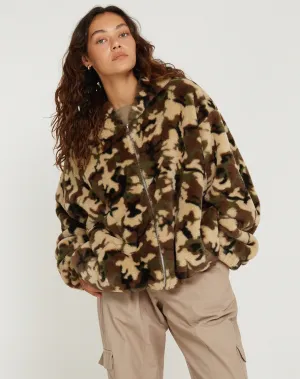 Emerson Faux Fur Jacket in Camo Brown Pebble