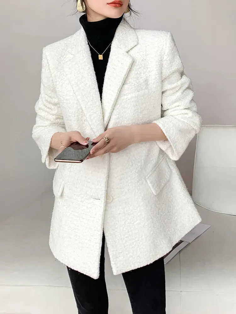 Fashion White Blazers For Women Notched Long Sleeve Patchwork Pocket Single Breasted Loose Blazer For Women