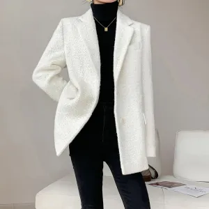 Fashion White Blazers For Women Notched Long Sleeve Patchwork Pocket Single Breasted Loose Blazer For Women