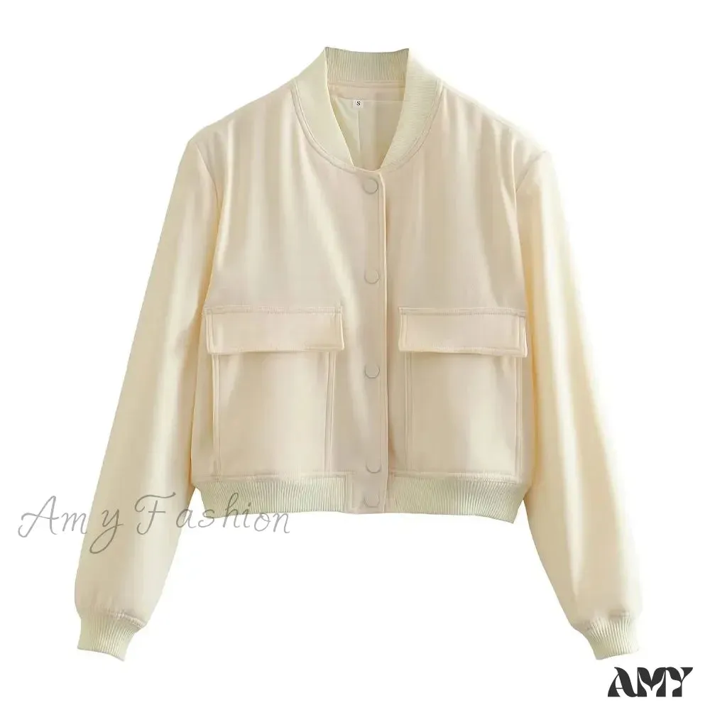 Fashion With Pockets Bomber Vintage Long Sleeve Front Button Casual Chic Jacket