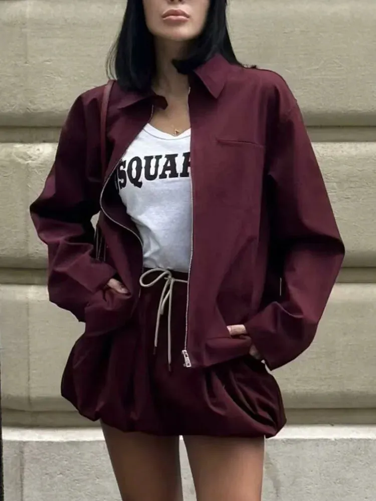 Fashionkova Burgundy Woman Vintage Jacket Zipper Canvas Casual Long Sleeve Short Coat 2024 Ladies Autumn High Street Elegant Outwear Chic