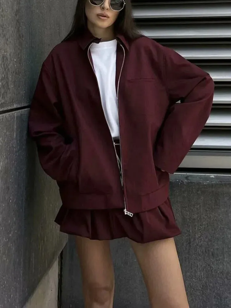 Fashionkova Burgundy Woman Vintage Jacket Zipper Canvas Casual Long Sleeve Short Coat 2024 Ladies Autumn High Street Elegant Outwear Chic