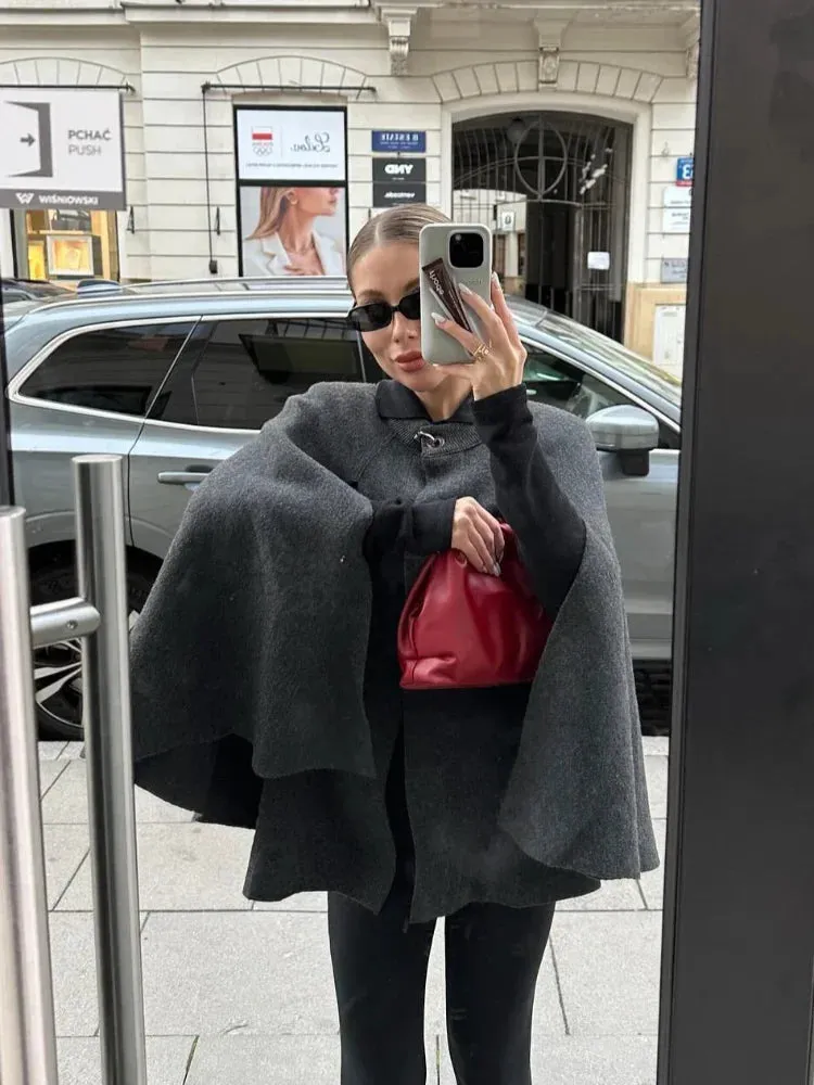 Fashionkova Christmas Gift Outfit  Elegant Solid Cloak Woolen Coat For Women Fashion O-neck Single Breasted Shawl Jackets 2024 Autumn Lady High Street Chic Outwear