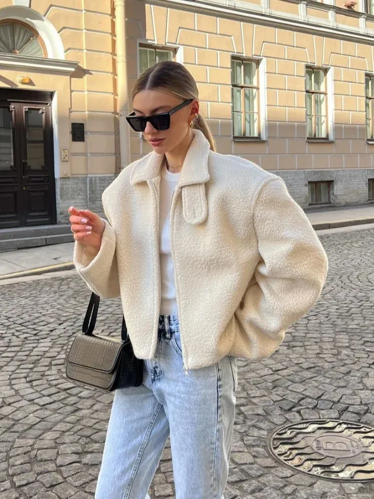 Fashionkova White Fashion Zipper Lamb Wool Jacket For Women Chic Lapel Long Sleeve Loose Cropped Coat Female Fall Winter Casual Outwear 2024