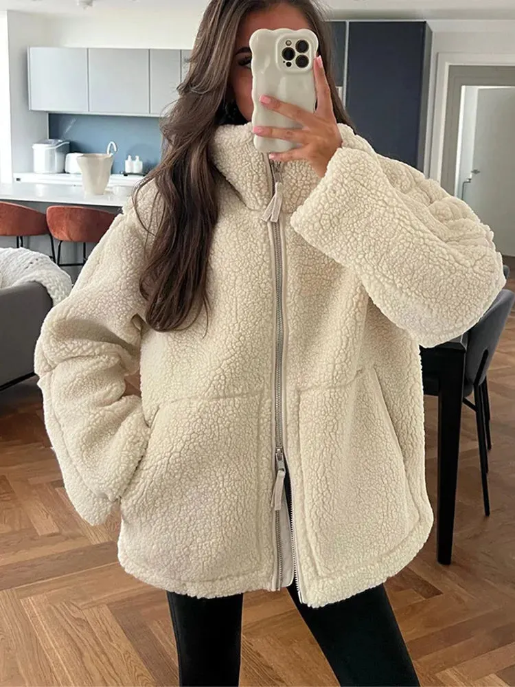 Fashionkova White Fashion Zipper Lamb Wool Jacket For Women Chic Lapel Long Sleeve Loose Cropped Coat Female Fall Winter Casual Outwear 2024