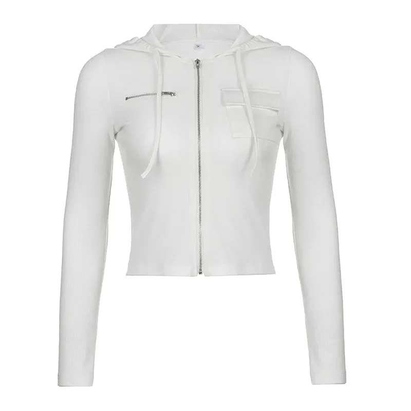 Fashionkova White Zip Up Hooded Jackets Women Solid Ribbed Basic Long Sleeve Autumn Tops Chic Pockets Design Casual Sweats Shirts