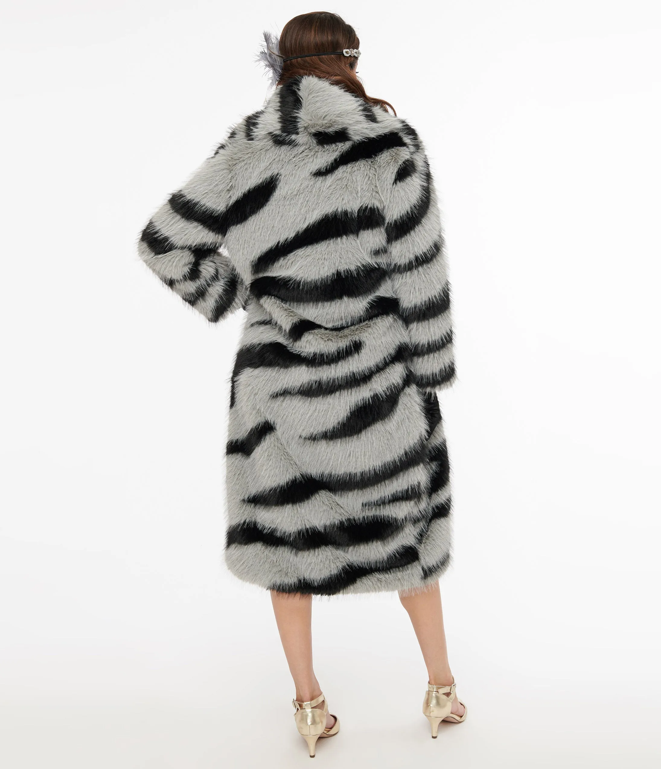 Grey & Black Zebra Long Faux Fur Coat