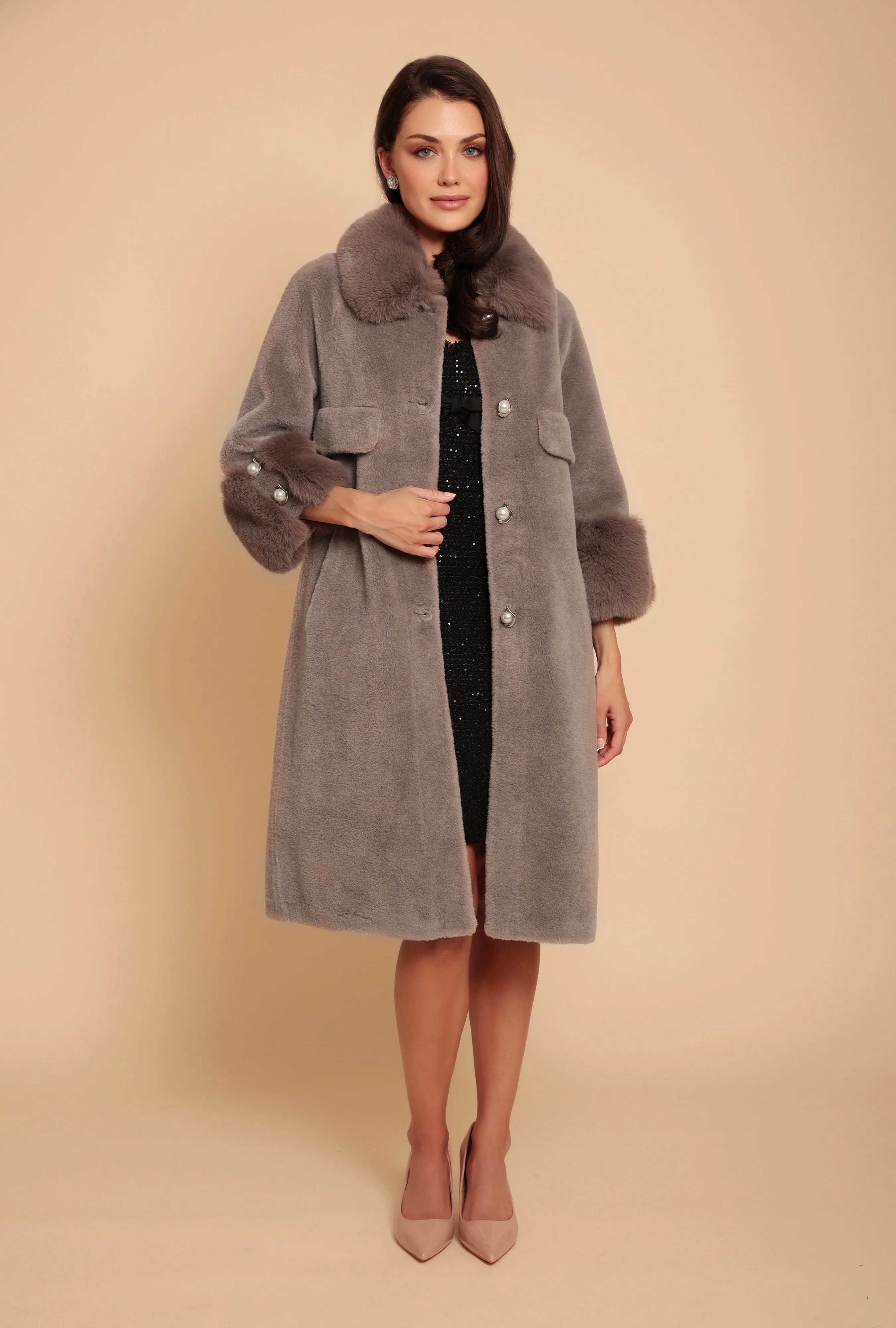 'Hayworth' Wool and Faux Fur Coat in Grigio