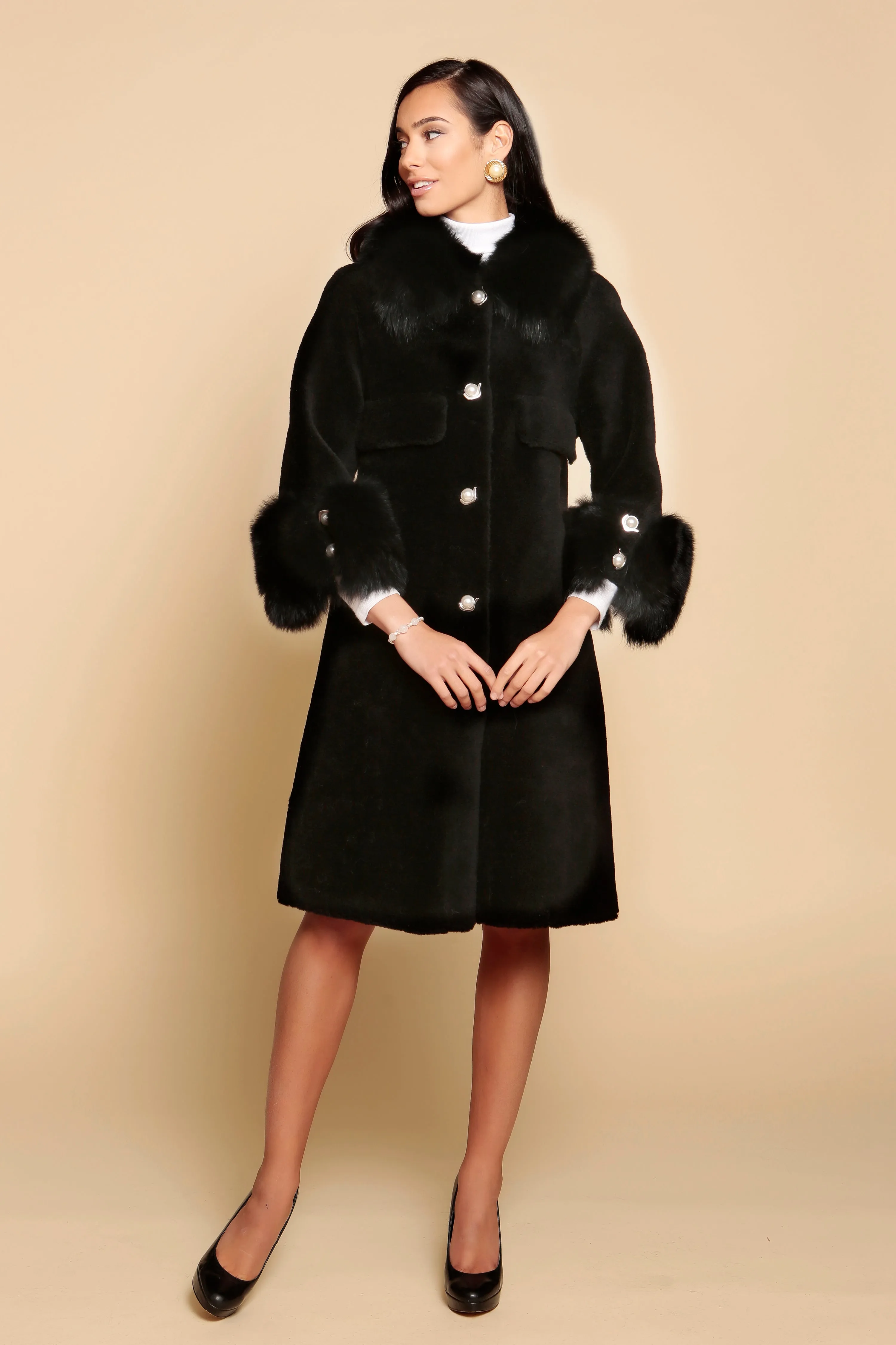 'Hayworth' Wool and Faux Fur Coat in Nero