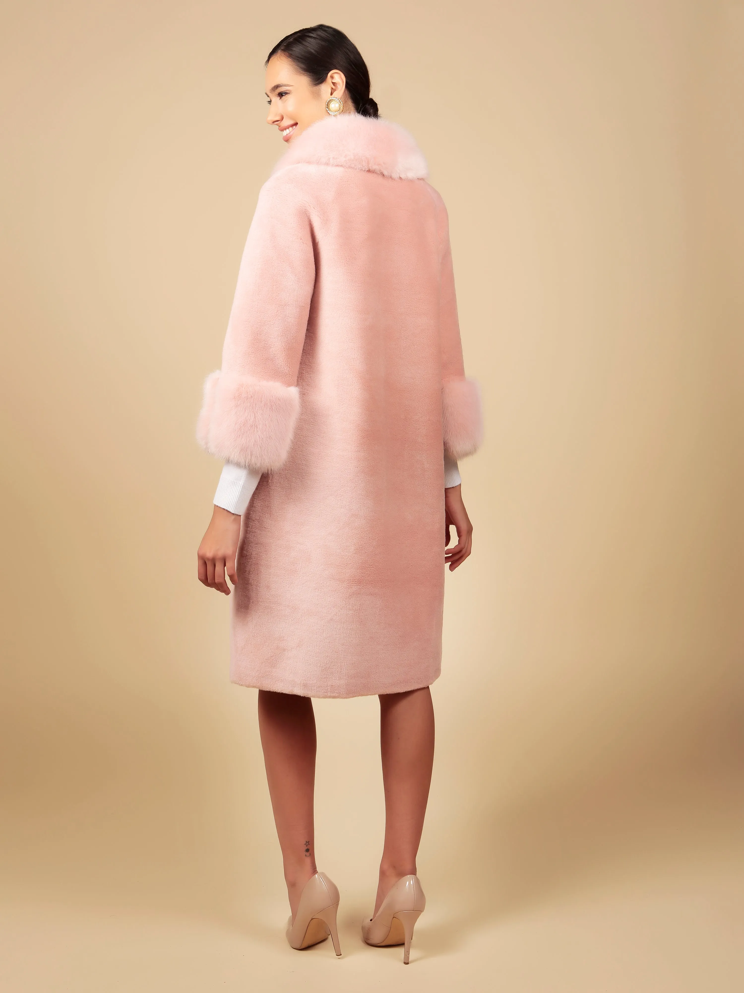 'Hayworth' Wool and Faux Fur Coat in Rosa