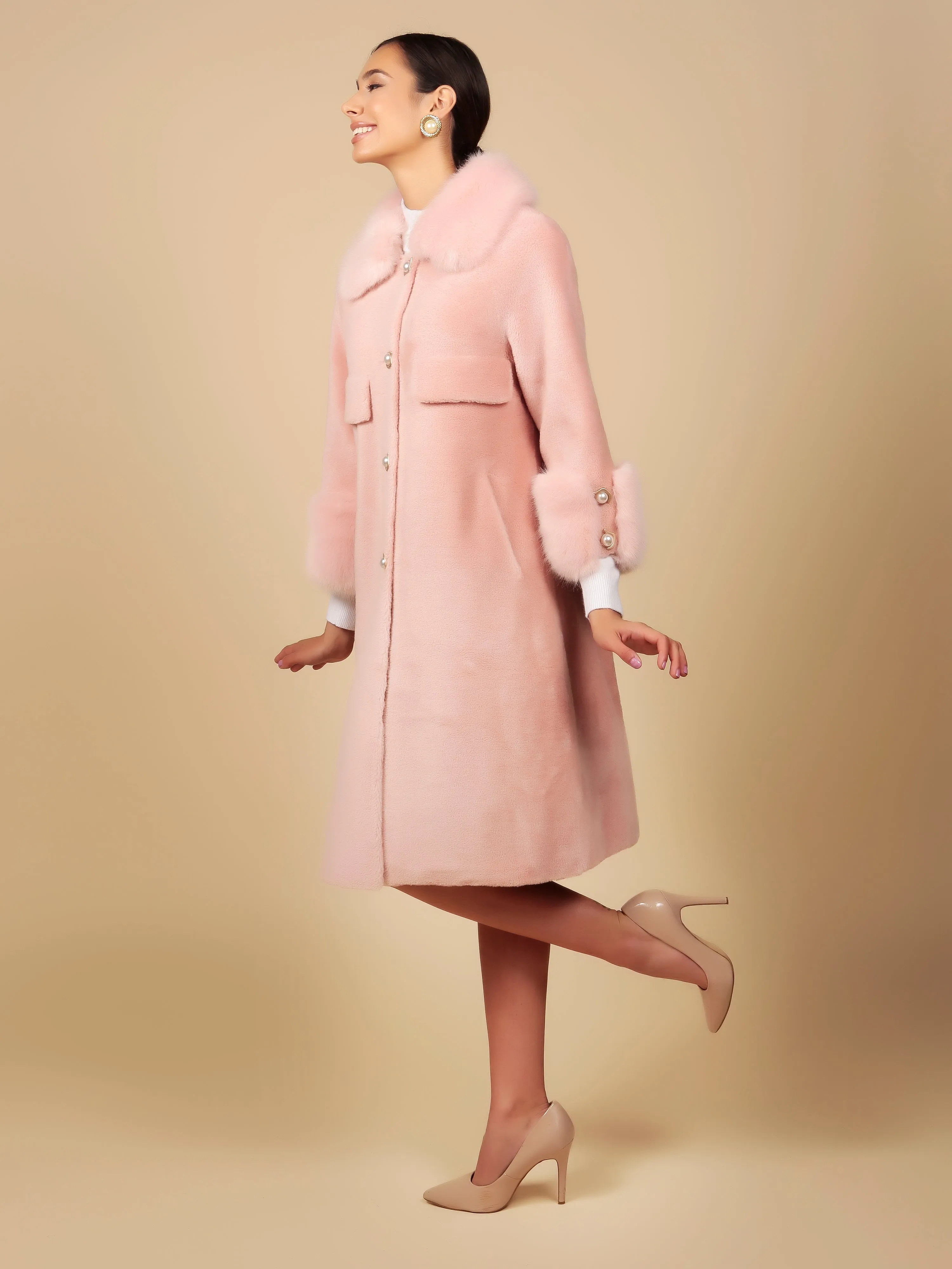 'Hayworth' Wool and Faux Fur Coat in Rosa