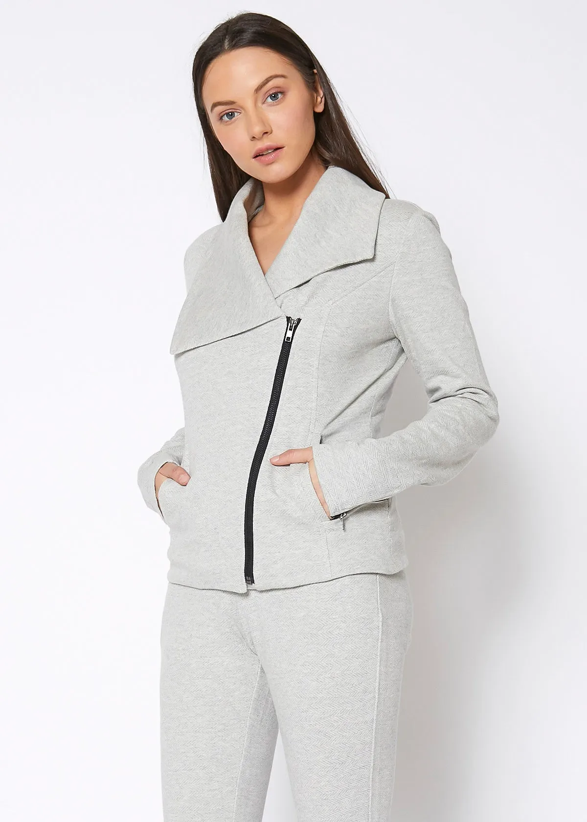 Heather Grey Zip-Up Moto Jacket with Oversized Collar