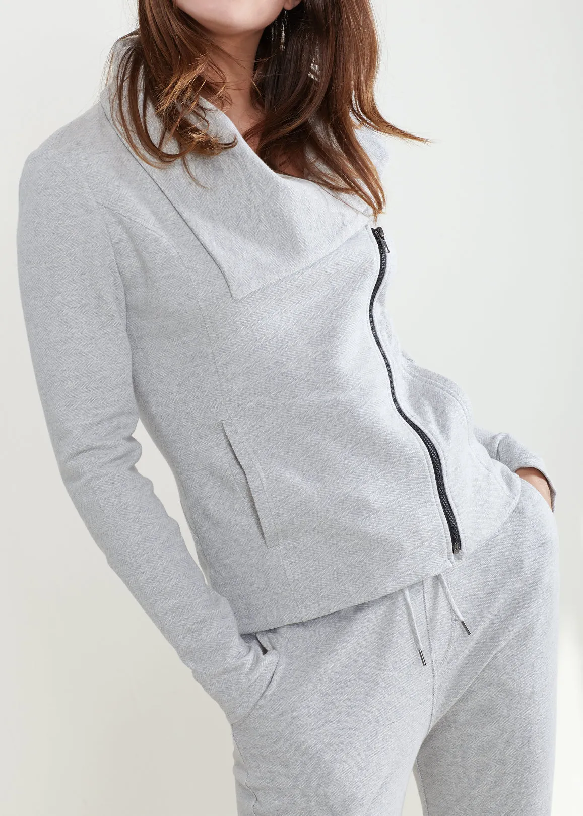 Heather Grey Zip-Up Moto Jacket with Oversized Collar