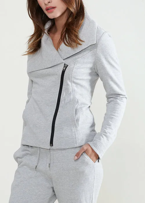 Heather Grey Zip-Up Moto Jacket with Oversized Collar