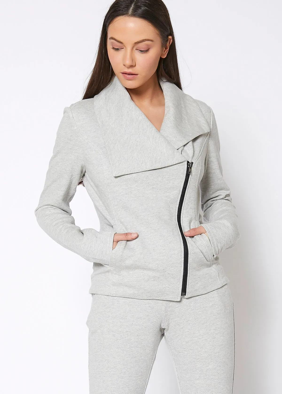 Heather Grey Zip-Up Moto Jacket with Oversized Collar