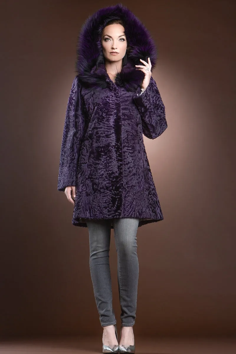 Hooded Purple Mid-Length Karakul Fur Coat - Purple Fox Trim