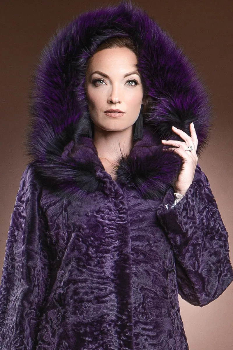 Hooded Purple Mid-Length Karakul Fur Coat - Purple Fox Trim