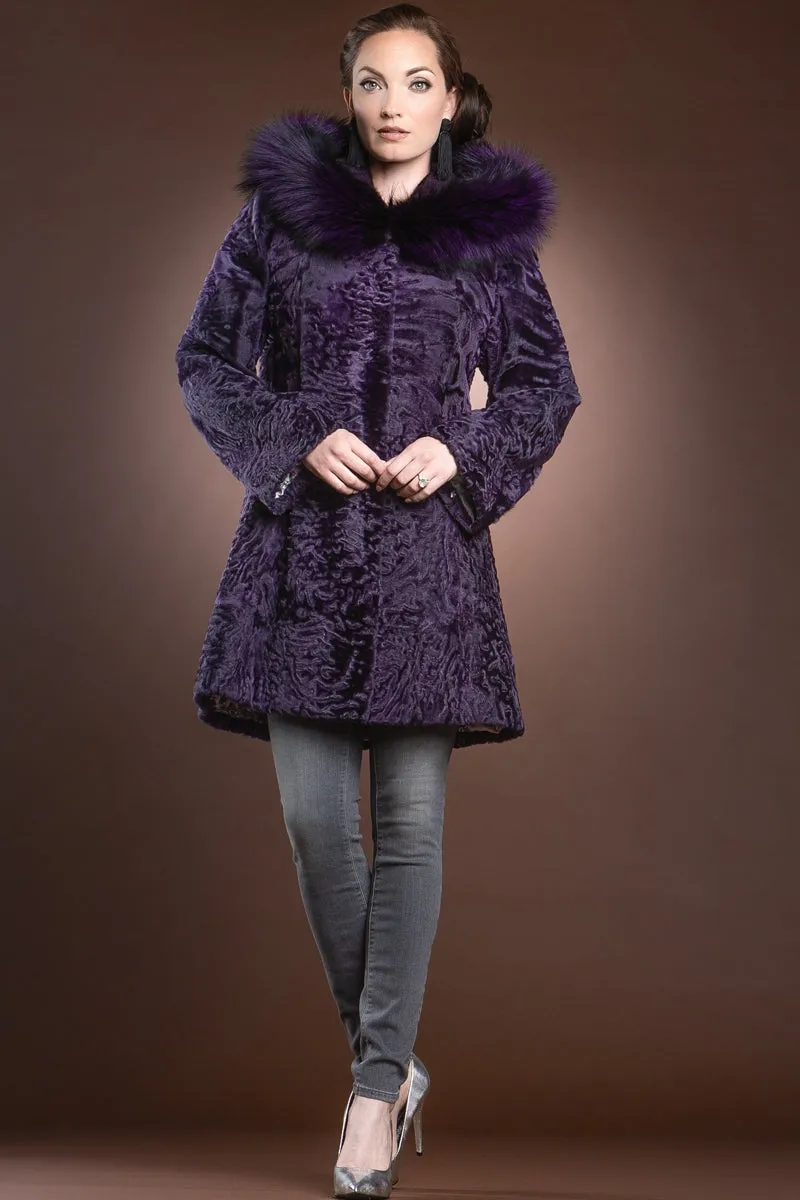 Hooded Purple Mid-Length Karakul Fur Coat - Purple Fox Trim