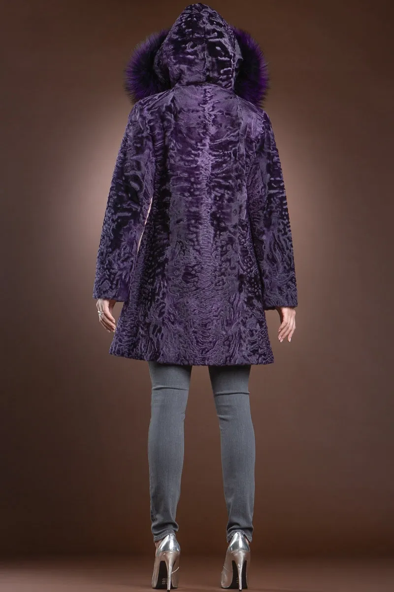 Hooded Purple Mid-Length Karakul Fur Coat - Purple Fox Trim