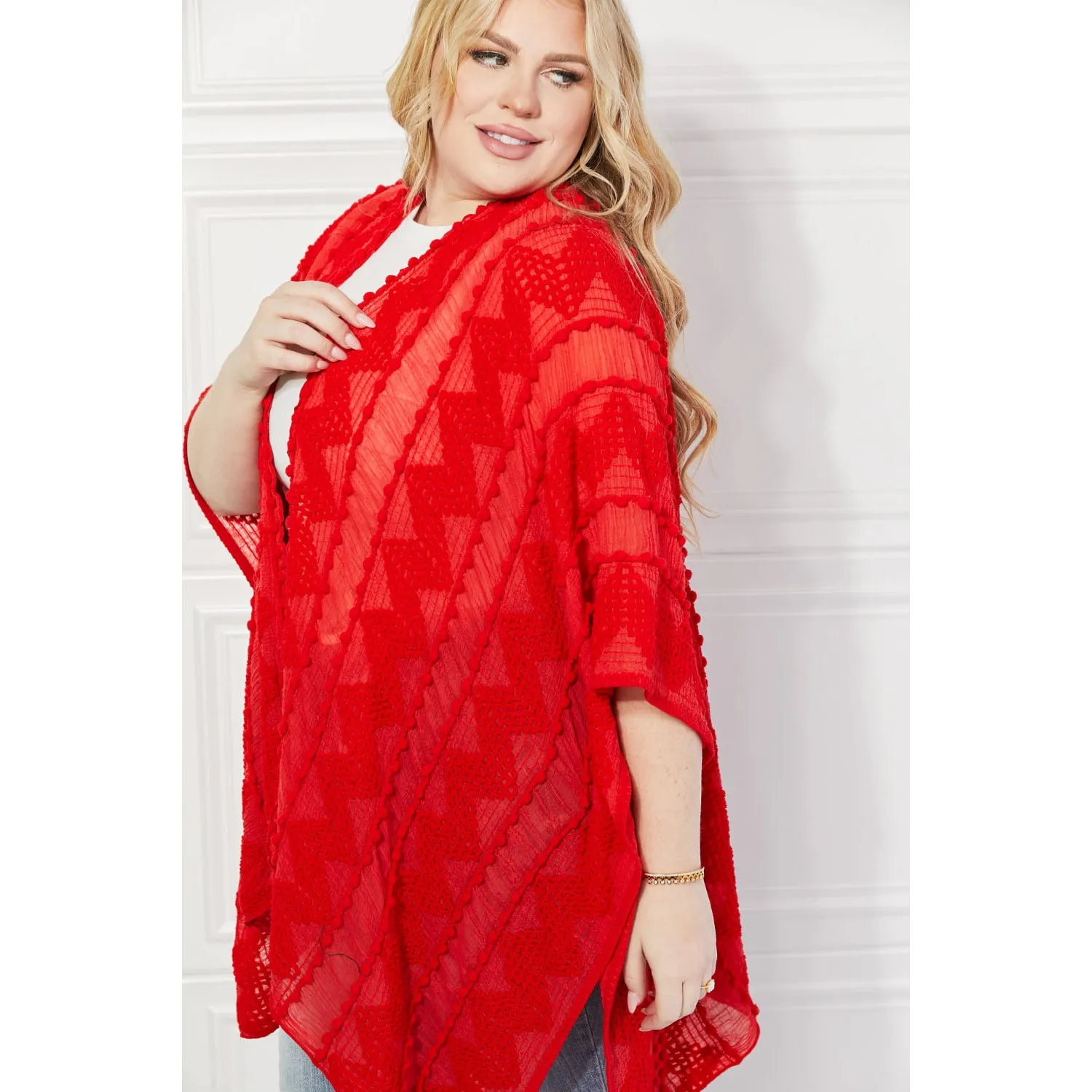 Justin Taylor Pom-Pom Asymmetrical Poncho Cardigan in Red