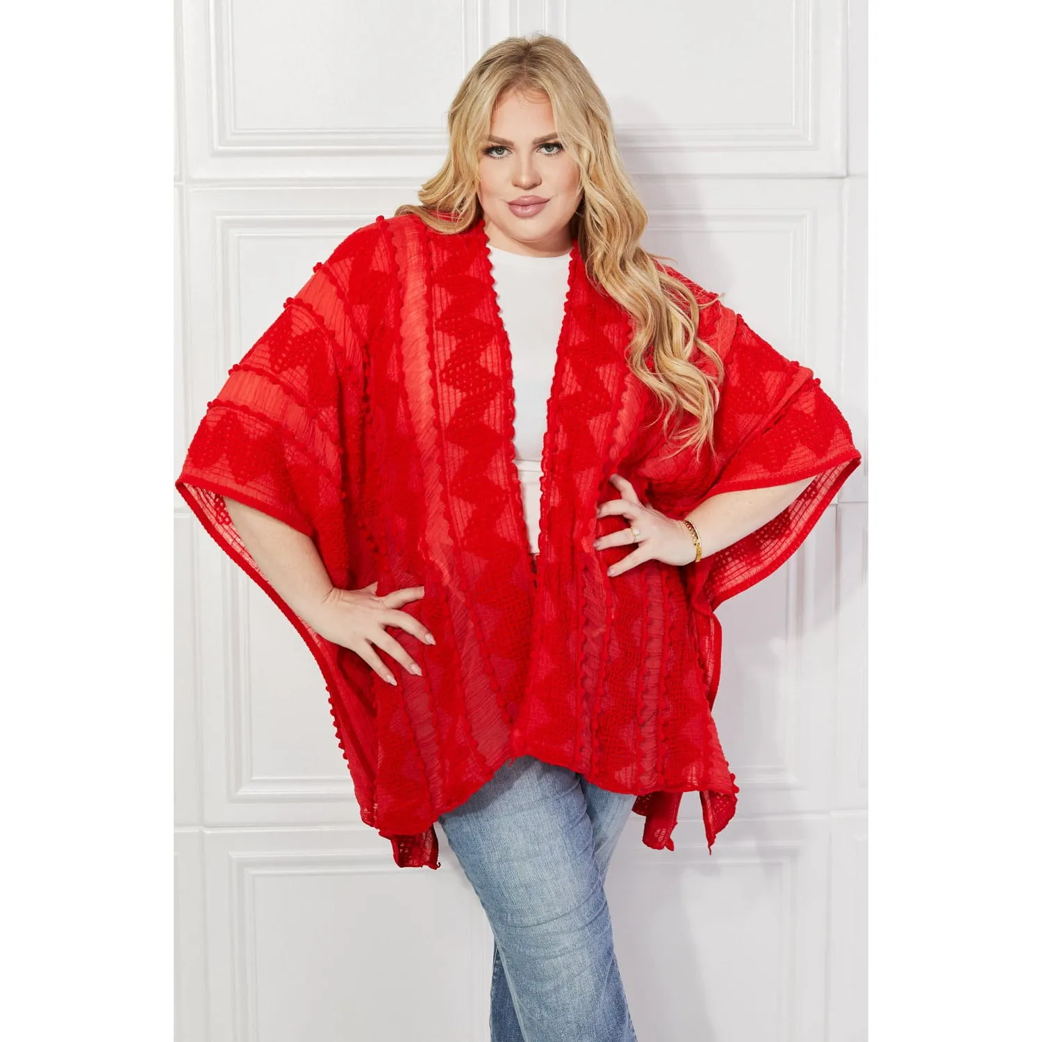 Justin Taylor Pom-Pom Asymmetrical Poncho Cardigan in Red