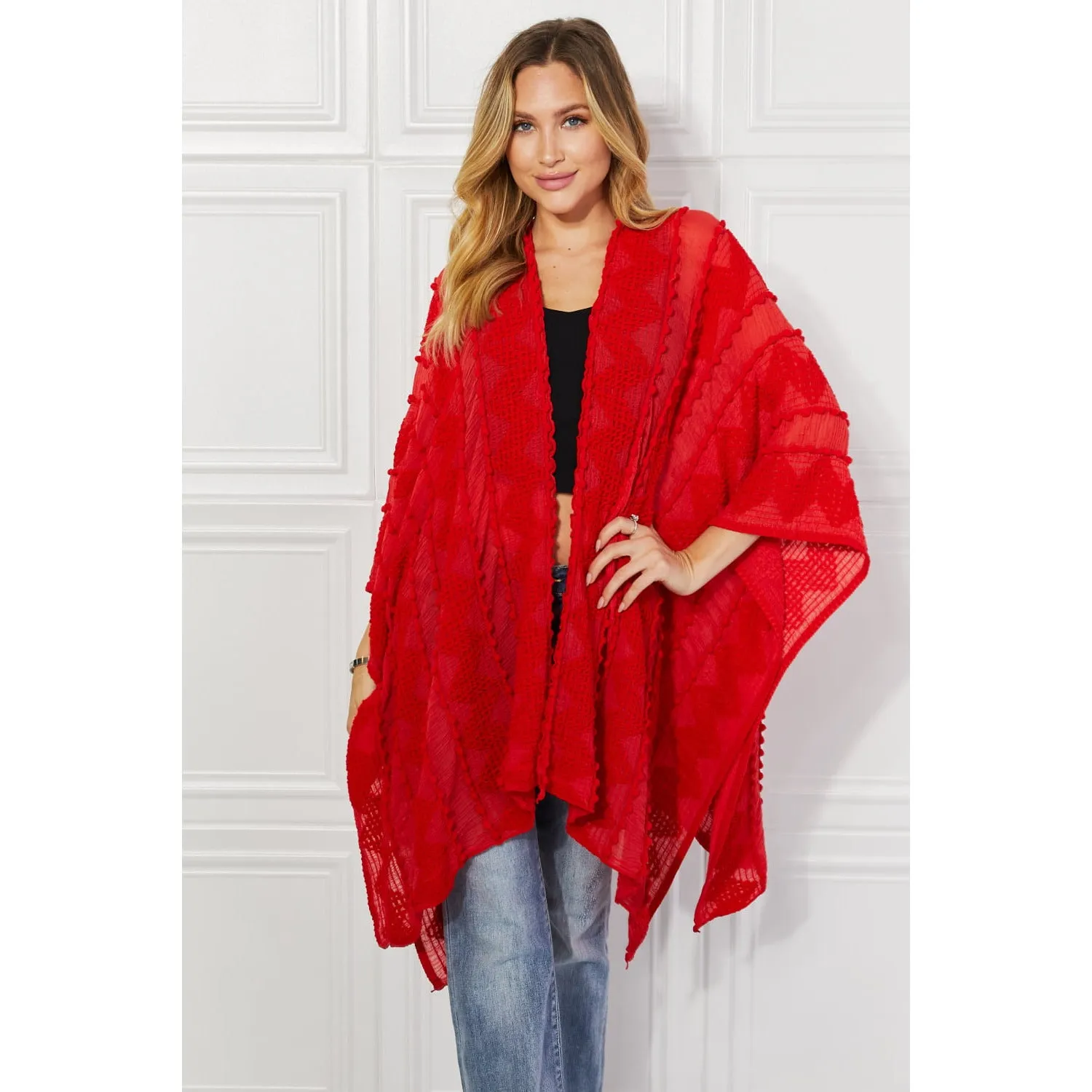 Justin Taylor Pom-Pom Asymmetrical Poncho Cardigan in Red